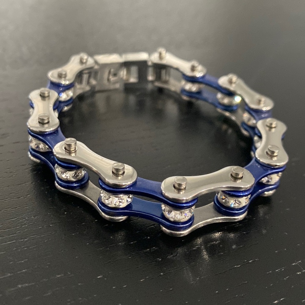 Blue and Silver Bike Chain Bracelet with Stones